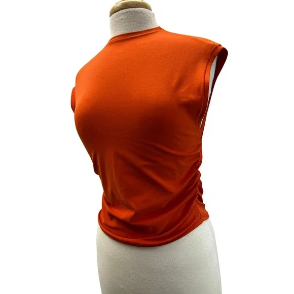 Athleta Aurora Ruched Tank Top Womens M Orange Excellent Mock Neck S/658470-00 - Picture 2 of 8